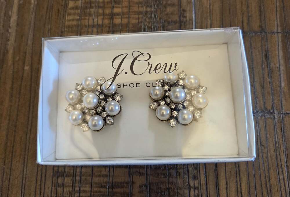 J.Crew imitation pearl and crystal shoe clips feature a clustered floral design
